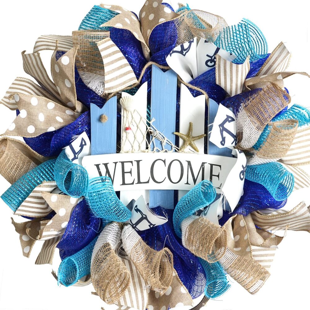 3293 20 Inch Summer Coastal Beach Blue Mesh Burlap Ribbon Wreath for Front